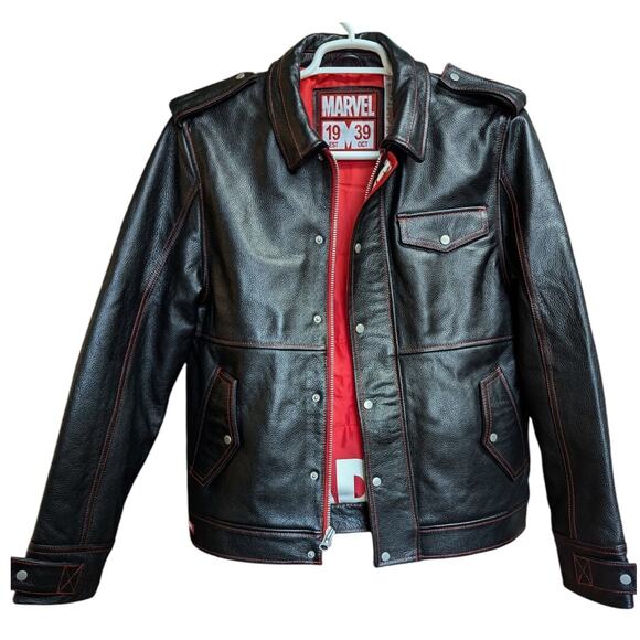 Disney Parks Marvel Men’s Black Leather Jacket Small 1939 Edition Biker Moto - Picture 4 of 8